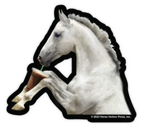 3-Inch Die-Cut Horse in a Car Drinking Coffee Sticker